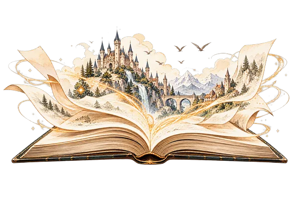 An open book with a castle rising from its pages
