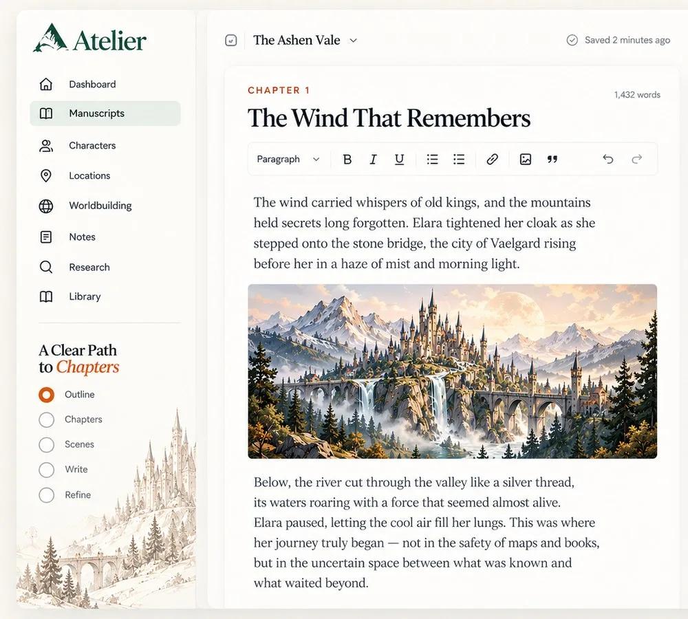 The Misr editor: a chapter draft with an illustration, beside the book's navigation
